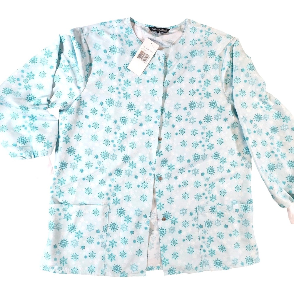 Christmas Womens Snowflake Print Scrub Jacket Size S Snap‎ Front Pockets NWT